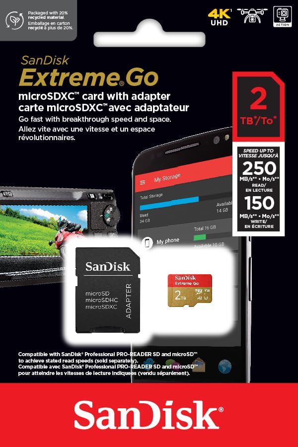 SanDisk 128GB Extreme microSDXC card +SD adapter, microSD card for smartphones, action cameras, drones, V30, up to 190 MB/s, SanDisk QuickFlow Technology, RescuePro Deluxe, UHS-I, 4k, V30, A2, U3
