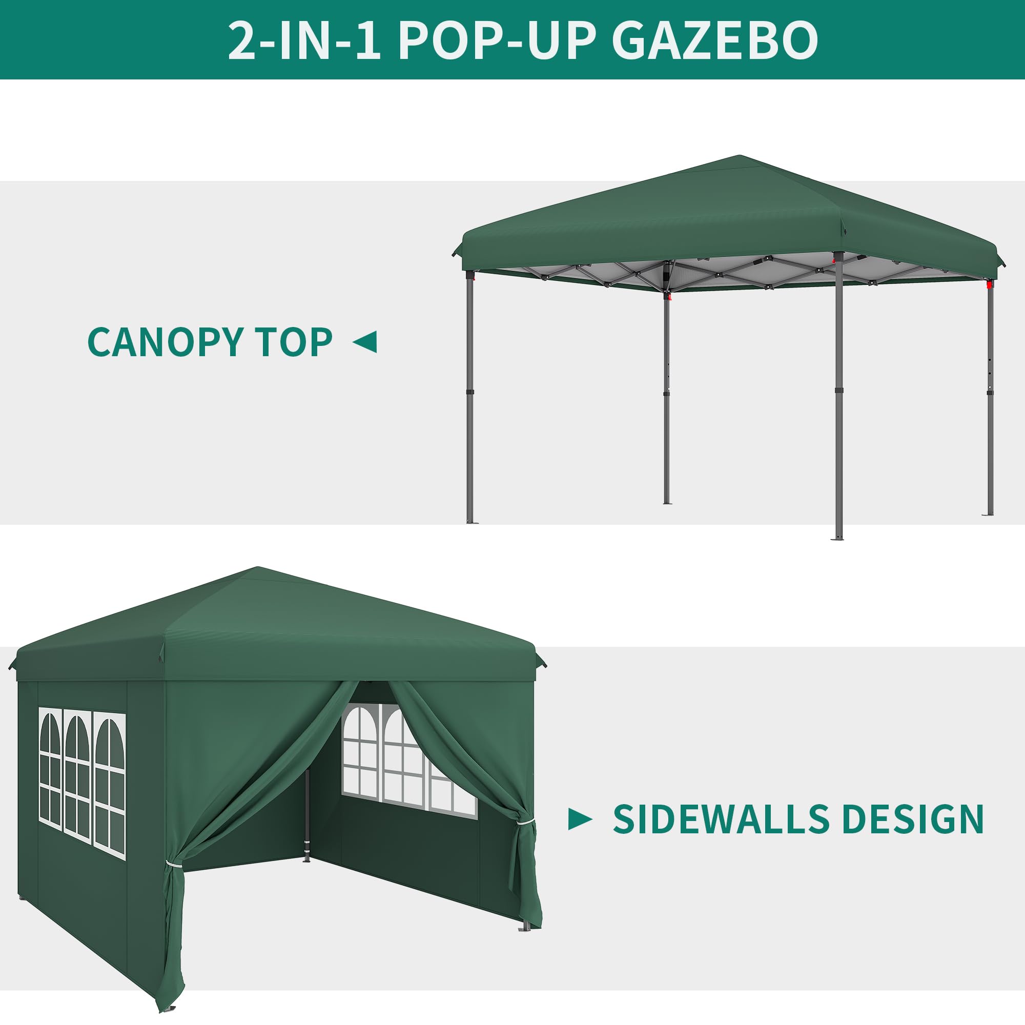YITAHOME 3x3M Outdoor Pop Up Gazebo with Sides and Windows, Waterproof Folding Garden Canopy All Seasons Camping Gazebo Anti-UV with Adjustable Height Stakes Rope Carry & Weight Bags for Party Event