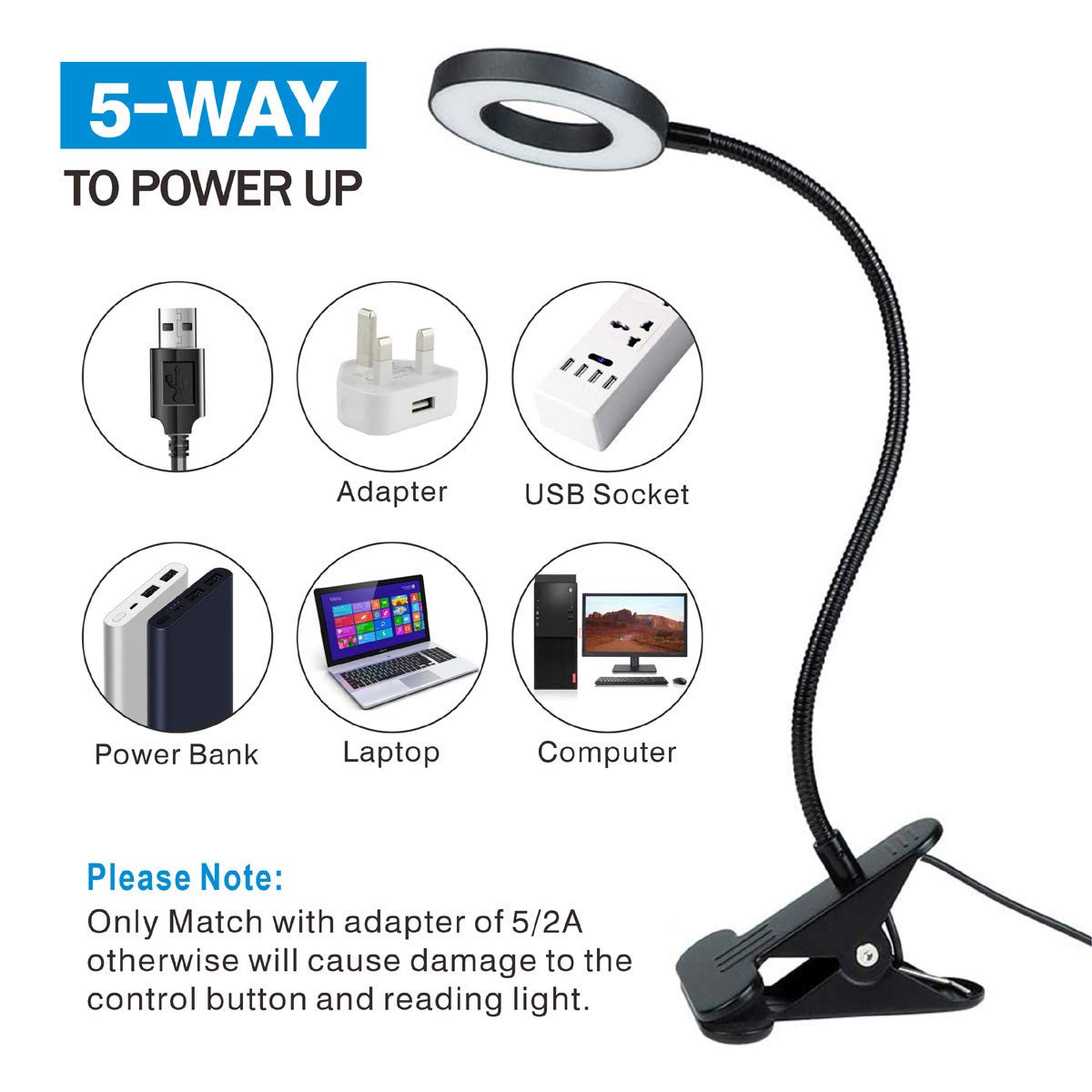 KNAMKY USB LED Desk Lamp Clip On Light, 3 Light Mode 10 Dimmable Brightness Eye Caring Book Adjustable for Reading Studying Working Video Conference Lighting (Black)
