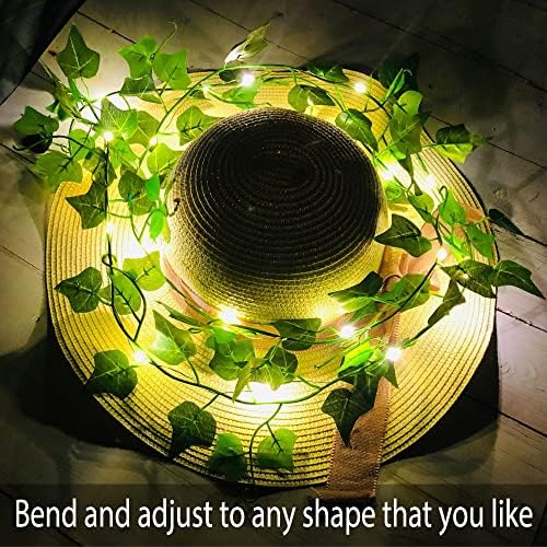 Fielegen 4 Pack 2 Meter Vine with Lights, Fake Ivy String Lights Battery Operated 80 LED Green Leaf Lights, Artificial Garland Plant Vine Fairy Light for Bedroom, Garden, Wall, Room, Party Decor