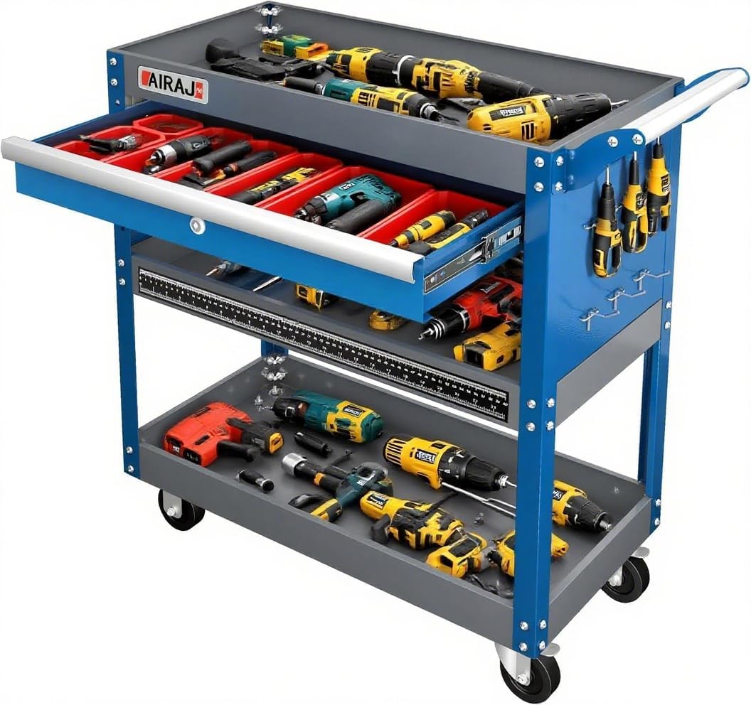 AIRAJ 3-Layer Tool Trolley,78 * 35 * 70cm Heavy Duty Tool Trolley, Metal Tool Cart with large Lockable Drawer and Rack,Work Trolley for Transport Tools,Load Capacity 200KG,Can Hold Heavy Equipment