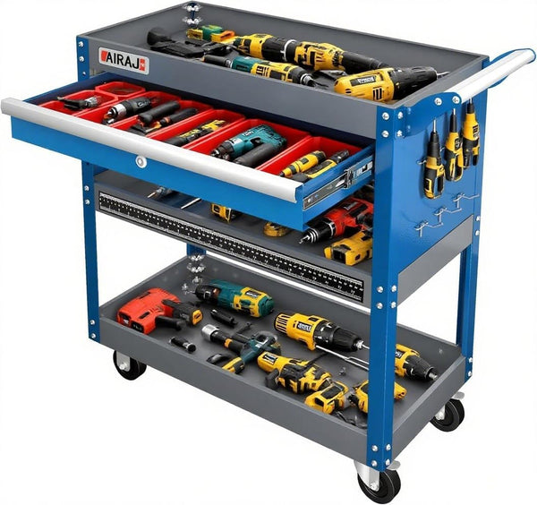 AIRAJ 3-Layer Tool Trolley,78 * 35 * 70cm Heavy Duty Tool Trolley, Metal Tool Cart with large Lockable Drawer and Rack,Work Trolley for Transport Tools,Load Capacity 200KG,Can Hold Heavy Equipment