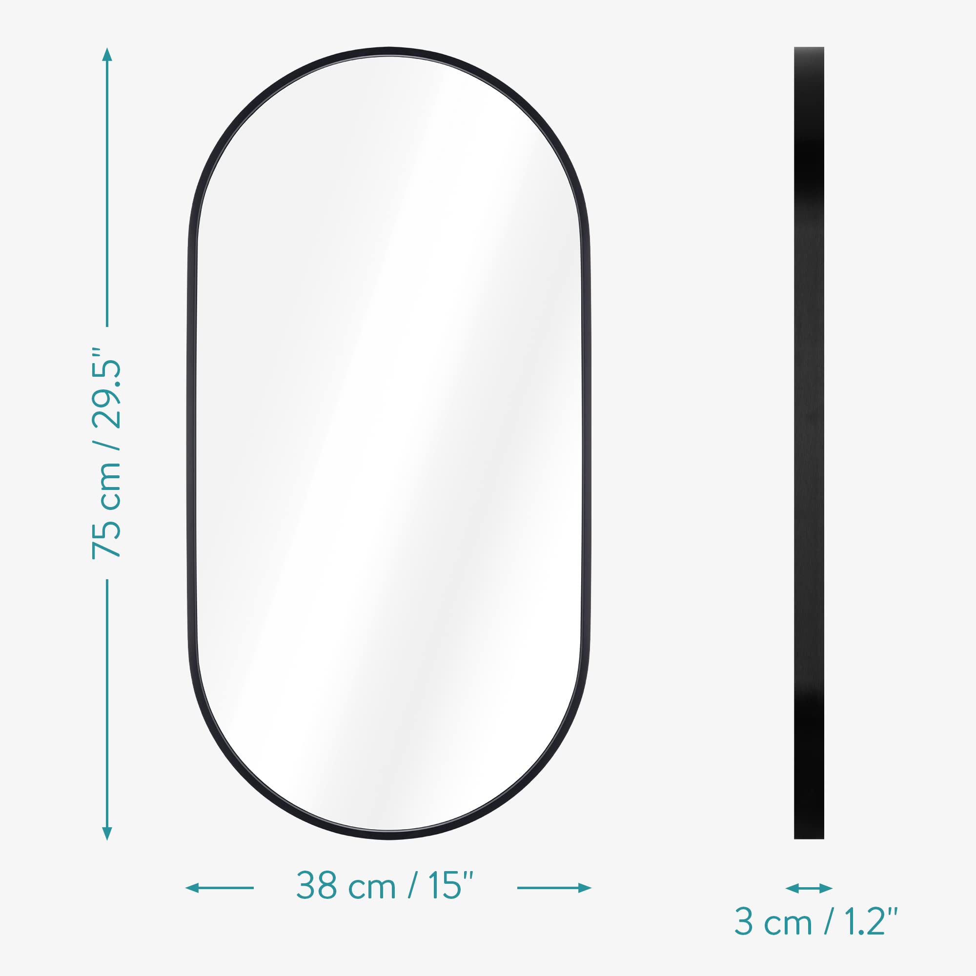 Navaris Oval Wall Mirror - 75 x 38 x 3 cm - Wall Mounted Hanging Mirror with Black Rustproof Aluminium Frame - Mirror for Bathroom Bedroom Hallway