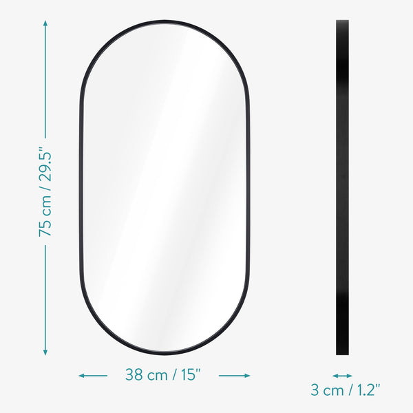 Navaris Oval Wall Mirror - 75 x 38 x 3 cm - Wall Mounted Hanging Mirror with Black Rustproof Aluminium Frame - Mirror for Bathroom Bedroom Hallway