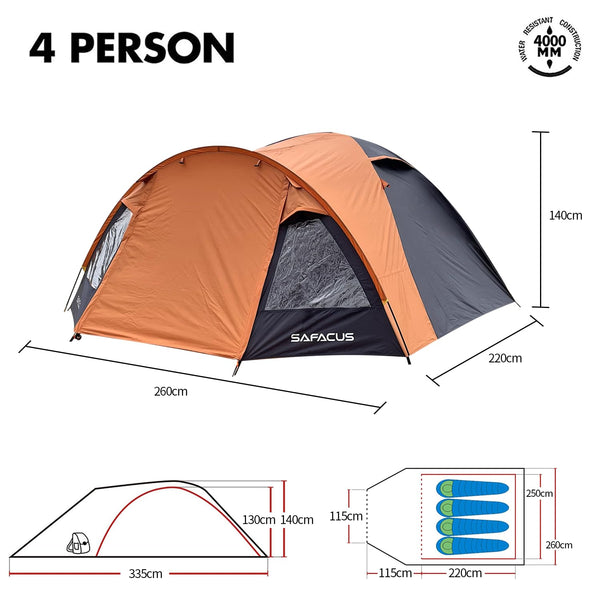 SAFACUS 3-4 Person Dome Camping Tent, Double layer, Full Waterproof Holiday Family 3 to 4 Man Tent, Easy to Set Up for Outdoors Hiking Fishing Traveling Beach Vacation