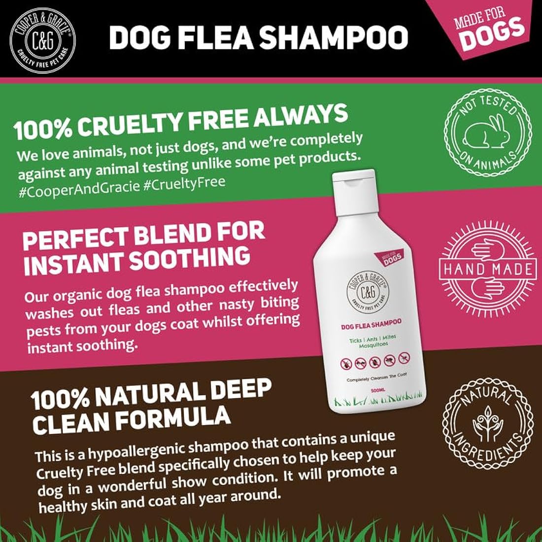 Dog Flea & Tick Shampoo for Itchy Skin 500ml - Medicated Flea & Tick Cleanser for Sensitive and Smelly Dogs - Antibacterial & Anti-Fungal Grooming Product