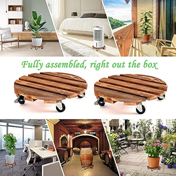 2 Pack Plant Caddy Wooden Plant Stand with Wheels 12 Inch-30 CM Round Plant Roller with Metal Lockable Caster Wheels Heavy Duty Rolling Plant Stand Plant Dolly