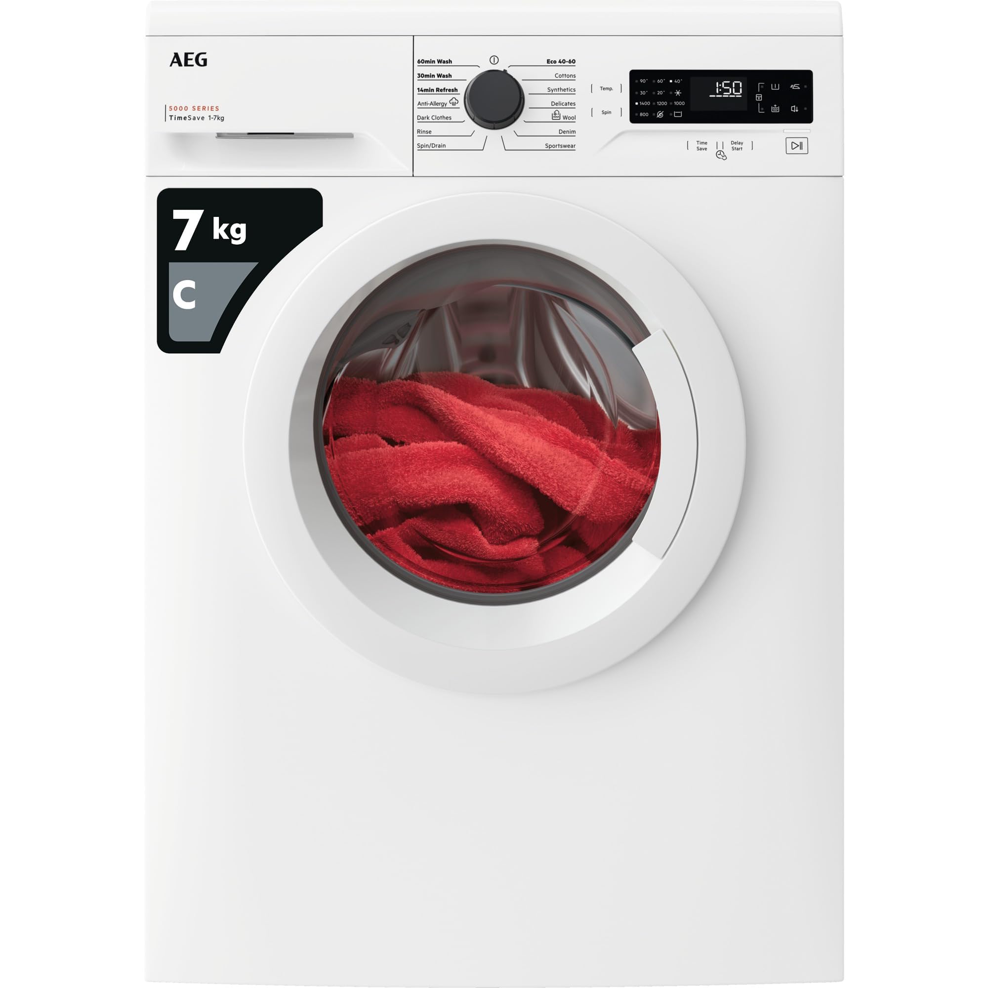 AEG 5000 Series Freestanding Washing Machine LFX50942B, Front Loading Full Size, 9kg, 1400 rpm, AntiAllergy Program, Quick Wash, TimeSave to Adjust Washing Cycles, Class A, White