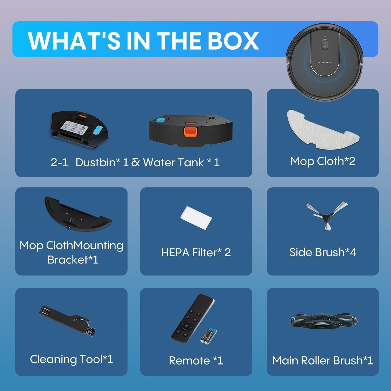 Robot Vacuum Cleaner with Mop, 4-in-1 Robotic Vacuums, 5000Pa Ultra Strong Suction, Long Running Time, Timing Function, App/WiFi for Pet Hair Hard Floor and Carpet(Striped Blue)