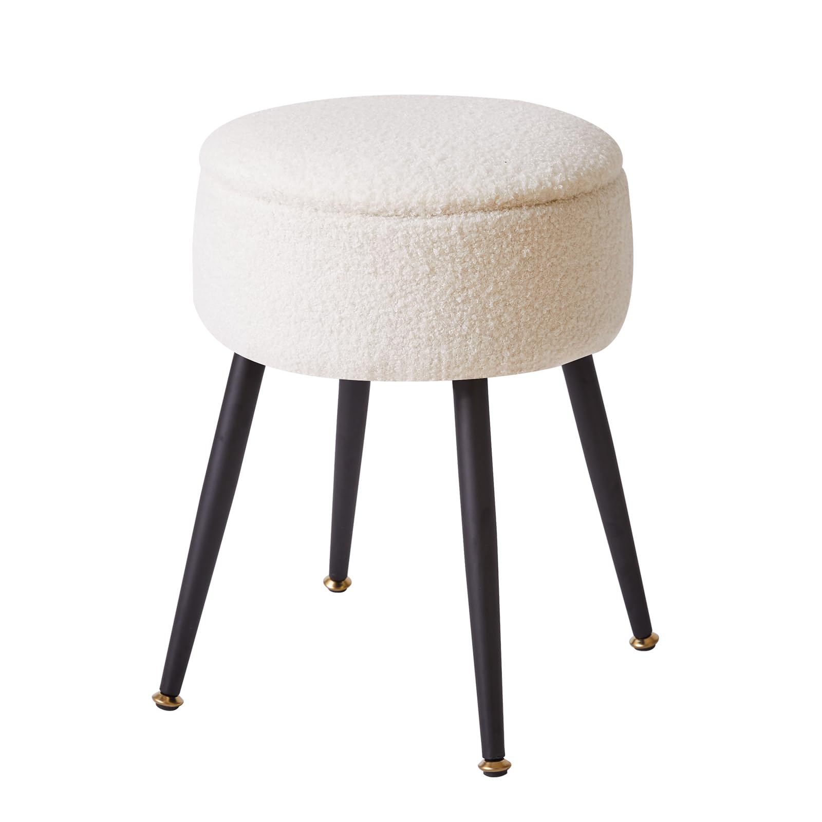 Aibiju Round Footrest Stool with Storage, Faux Teddy Fur Dressing Table Chair, Makeup Vanity Stool Side Table with Metal Legs for Bedroom, Living