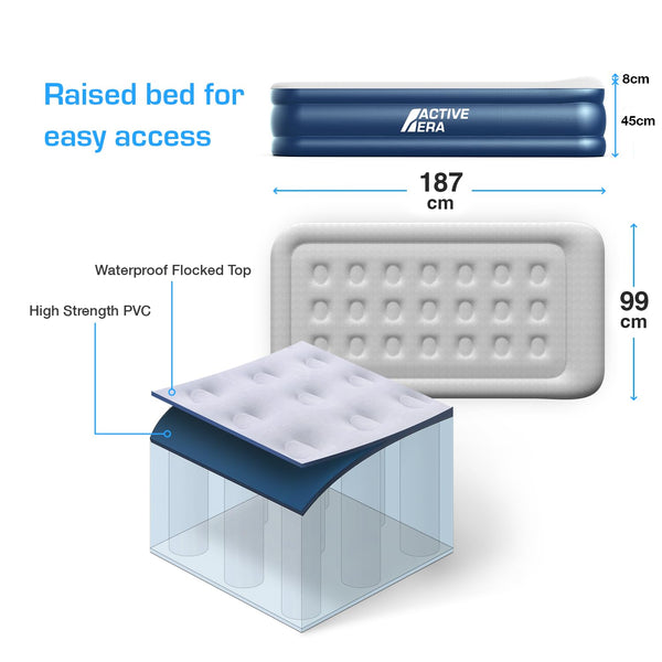 Active Era Premium Single Inflatable Mattress | Airbed for Home with Built-In Pump | 3 Min Self Inflating Blow Up Bed | Flocked Surface & Puncture Resistant Air Bed for Guests & Camping 187x99x53cm