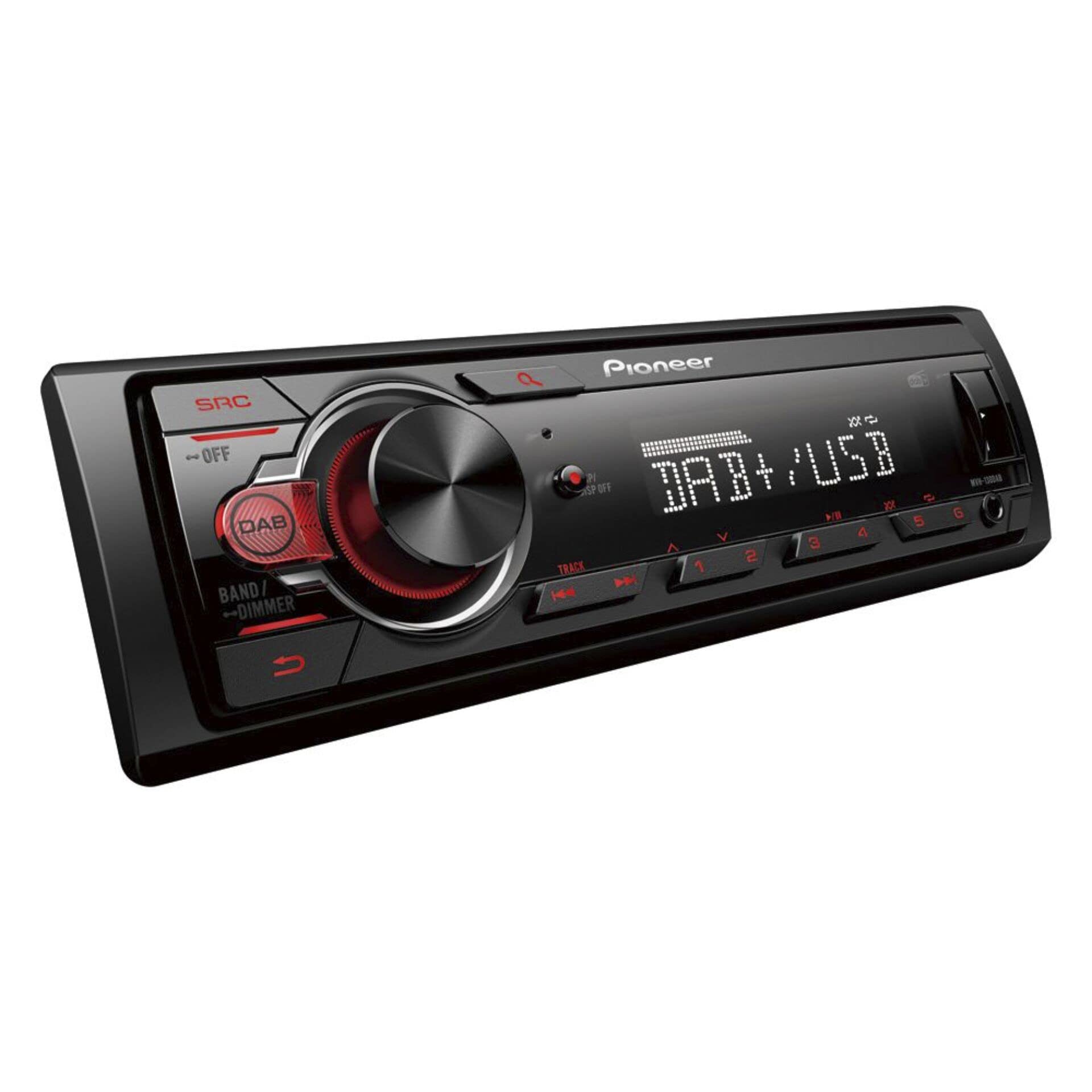 Pioneer MVH-130DAB 1-DIN receiver with DAB/DAB+, Red illumination, USB and compatible with Android devices.