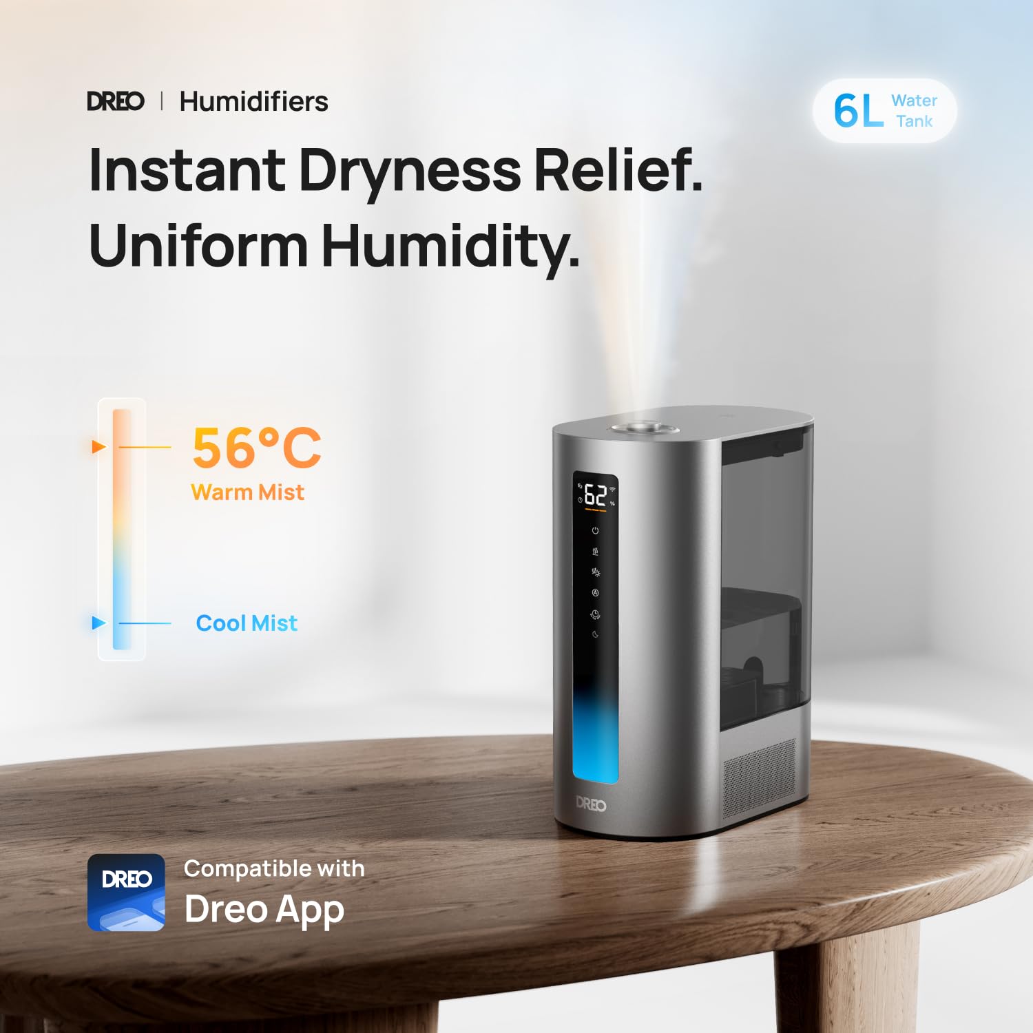 Dreo Humidifier for Bedroom, 6L Top Fill Warm & Cool Mist with Smart Control, Oil Diffuser, 60h Runtime, Timer, High Precision Humidity Sensor, Quiet