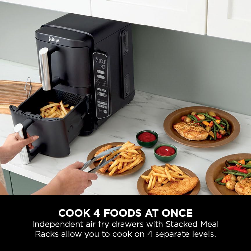 Ninja Double Stack XL Air Fryer, Vertical Dual Drawer AirFryer with 4 cooking levels, 2 Drawers and 2 Racks, Space Saving Design, 9.5L Capacity, 6 Cooking Functions, 8 Portions, Grey, SL400UK