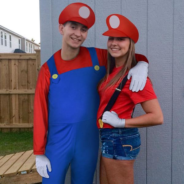 Aomig Mario Costumes, 4 Pack Mario Cosplay Costume Accessories Kits with Bodysuit, Luigi Hats Cap, Mustaches, White Gloves, Mario Luigi Bros Fancy Dress Outfit Costume for Women Men