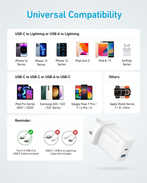 Anker USB C Plug, 2-Pack 20W Dual Port USB Fast Charger Plug, USB C Charger for iPhone 16/16 Pro/16 Pro Max/iphone 15/15 Pro/15 Pro MaxiPad, AirPods, and More (2-Pack 5 ft USB-C Cables Included)