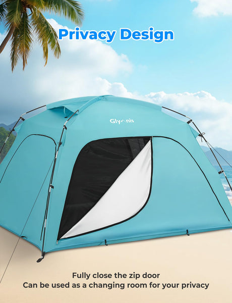 Glymnis Beach Tent Large for 3-4 Person, Portable UV Protection Beach Sun Shelter for Adults, Lightweight Sun Shade Tent for Beach, Picnic, Fishing