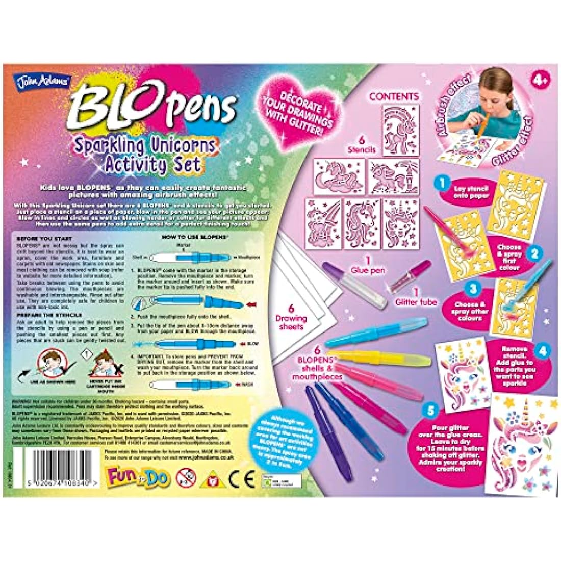 John Adams | BLOPENS® Sparkling Unicorn Activity Set: Create fantastic airbrush pictures | Arts & crafts | Ages 4+, Silver