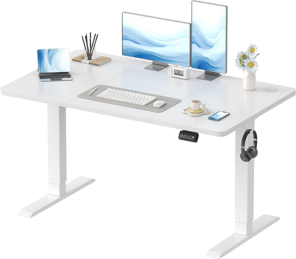 Devoko Electric Standing Desk 120x60cm Sit Stand Table Height Adjustable with Backpack Hook and Memory Smart Pannel, Home Office, White