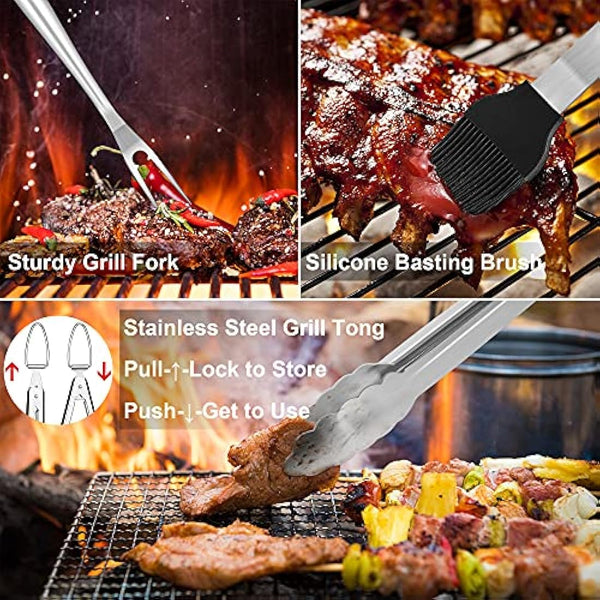 Herogo BBQ Tool Sets, 6 Piece Heavy Duty Stainless Steel Barbecue Accessories with Portable Bag, BBQ Utensil Set Includes Spatula, Fork, Tong and Cleaning Brush, Grill Tool for Outdoor Camping Picnic