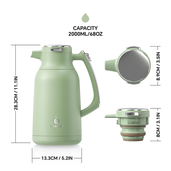 IDEUS Vacuum Insulated Coffee Carafe, 68 oz (2 Liters) Stainless Steel Milk Jug Thermal Tea Pot Hot & Cold Water Beverage Dispenser (Avocado Green)