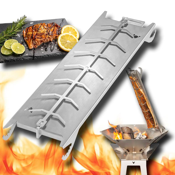 FENNEK Stainless steel flame salmon holder for fire bowls and kettle barbecues, with special clamping mechanism, no screws required, perfect