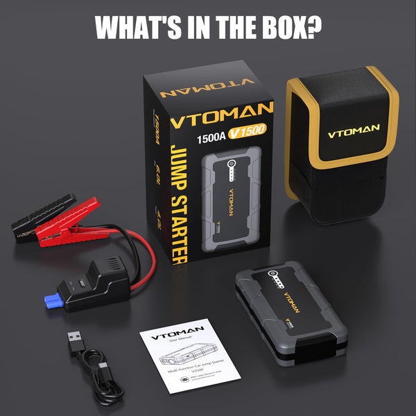 VTOMAN V2500 2500A Jump Starter Power Pack - Portable 12V Car Battery Booster Jump Starter with Jump Leads(Up to 8.0L Gas or 6.0L Diesel Engine), LED Flashlight, Quick Charge, 15V DC Port