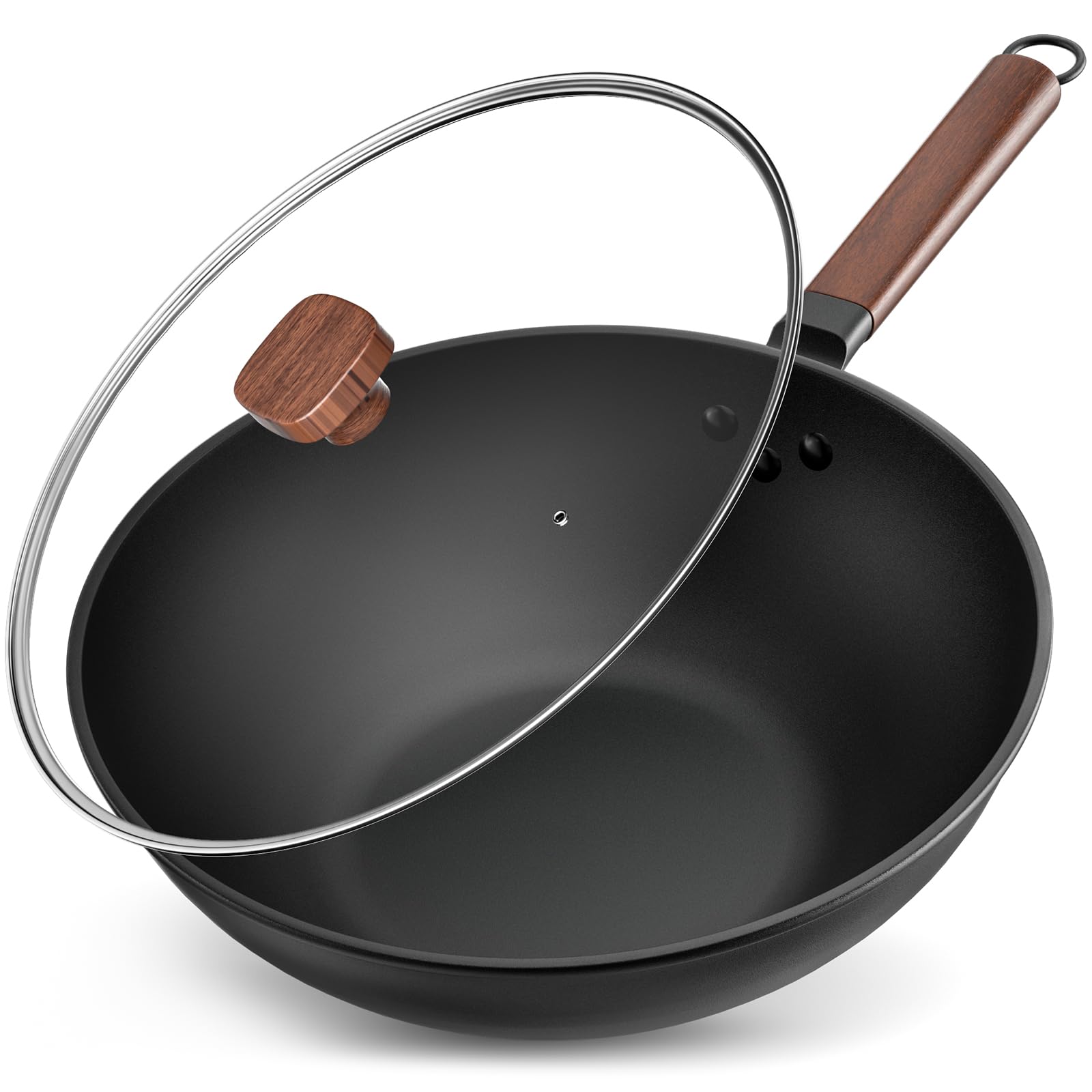 Jobin 33cm/5.6L Non Stick Wok with Lid Carbon Steel Frying Pan No Chemical Coated and Large Capacity for Cook Asian Dishes for 4-6 People, Ideal for