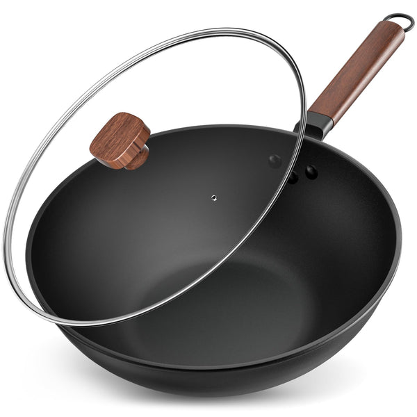 Jobin 33cm/5.6L Non Stick Wok with Lid Carbon Steel Frying Pan No Chemical Coated and Large Capacity for Cook Asian Dishes for 4-6 People, Ideal for