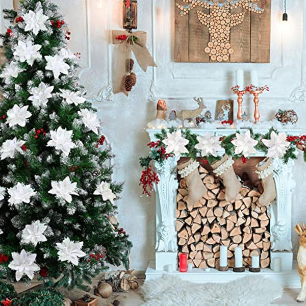 12Pcs Poinsettia Artificial Flowers, Christmas Glitter White Flowers Ornaments for Christmas Tree, with Stems and Clips, Xmas Floral Party Decor Wreath, Garland Craft Supplies, White