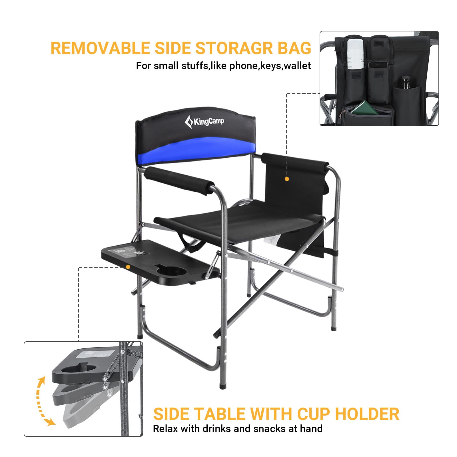 KingCamp Folding Camping Chairs for Adluts Heavy Duty Directors Chair with Cooler Bag and Side Table Support up to 150KG