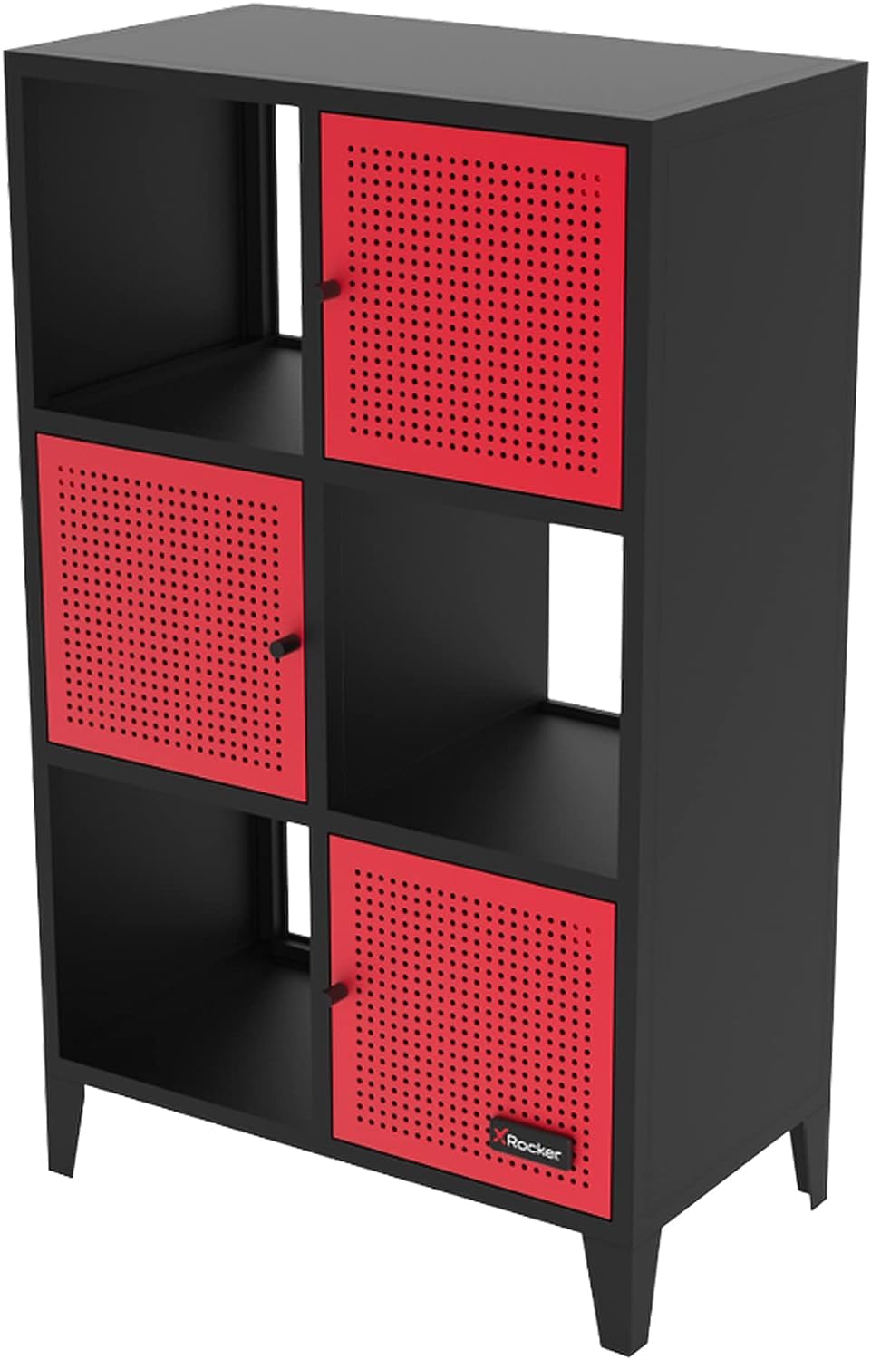 X-Rocker Mesh-Tek Tall 6 Cube Storage Unit, Bookcase Display Cabinet with 3 Cupboard Doors and 3 Shelves, Metal Sideboard Locker - Black & Red