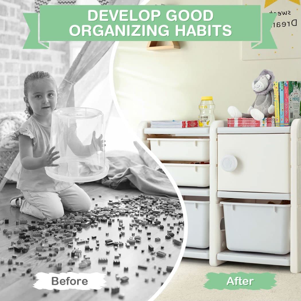 COSTWAY Kids Storage Units, Children Toy Organizer with Plastic Bins, Pull-Out Drawers and Door Cabinet, Toddler Storage Chest for Nursery Playroom Bedroom (Car Shape, 112 x 35 x 66cm)