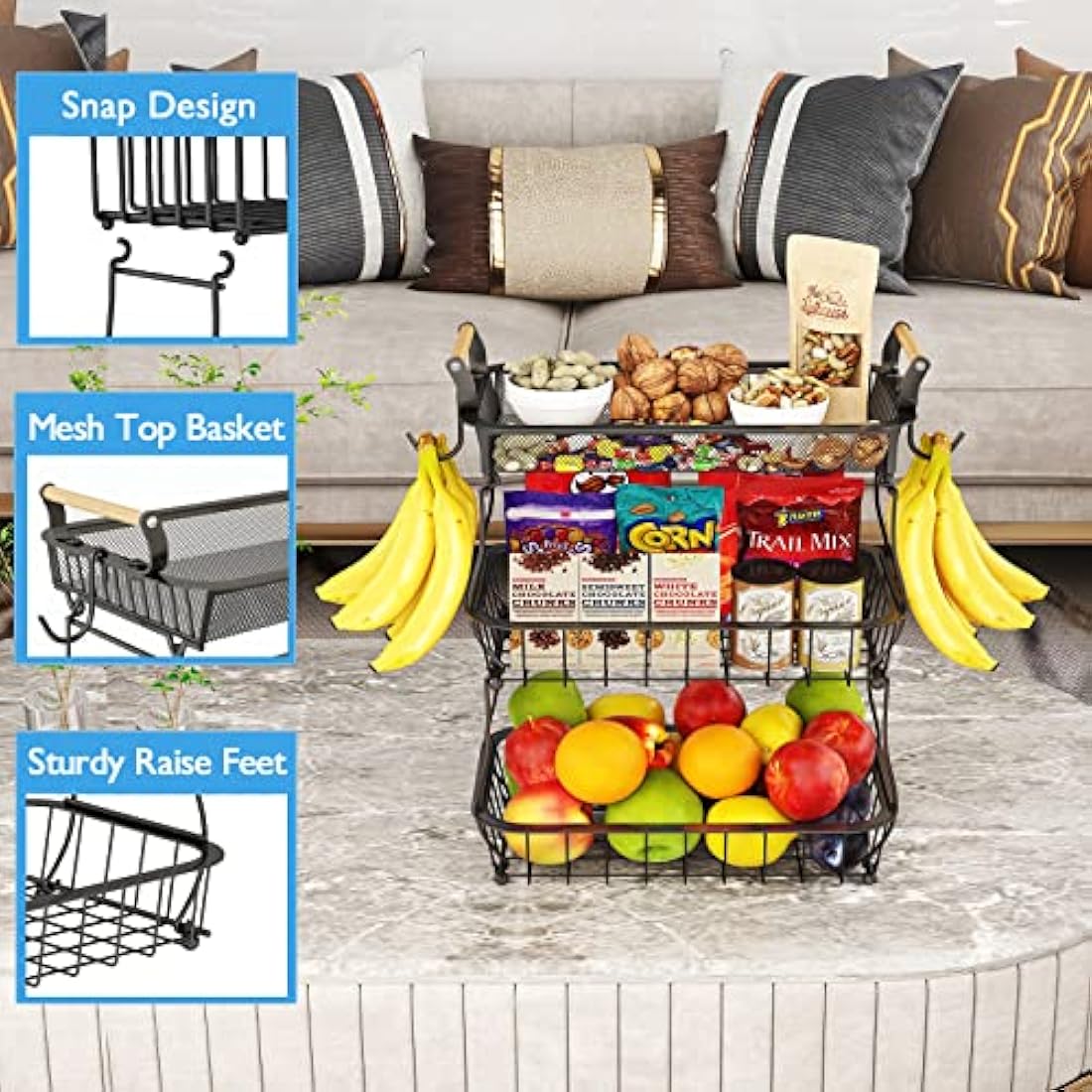 ANTOPY 3 Tier Fruit Basket with 2 Banana Hangers, Countertop Vegetable Bowl Kitchen Counter Metal Mesh Fruits Stand Produce Holder Organizer Onion Potato Bread Snack Veggie, Black