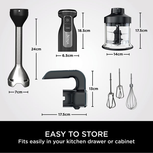 Ninja Foodi 3-in-1 Hand Blender, Hand Mixer & Chopper, Food Processor with 3 Attachments, 850W Powerbase, Immersion Blender, 5 Mixing Speeds, 2 Blending Speeds, 1.5m Cord, Black CI100UK
