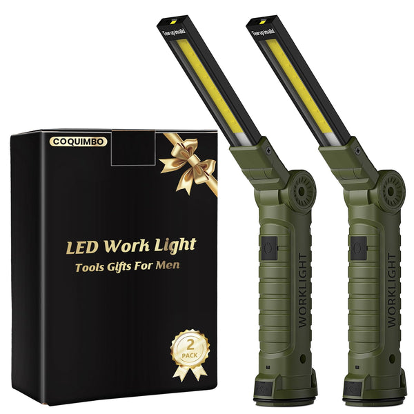 Coquimbo Work Light Christmas Stocking Fillers Gifts for Men Him, LED Torch Rechargeable Inspection Lamp Mechanic Emergency BBQ Light 360° Rotate with Magnetic Base and Hook (2 Pack, Black)