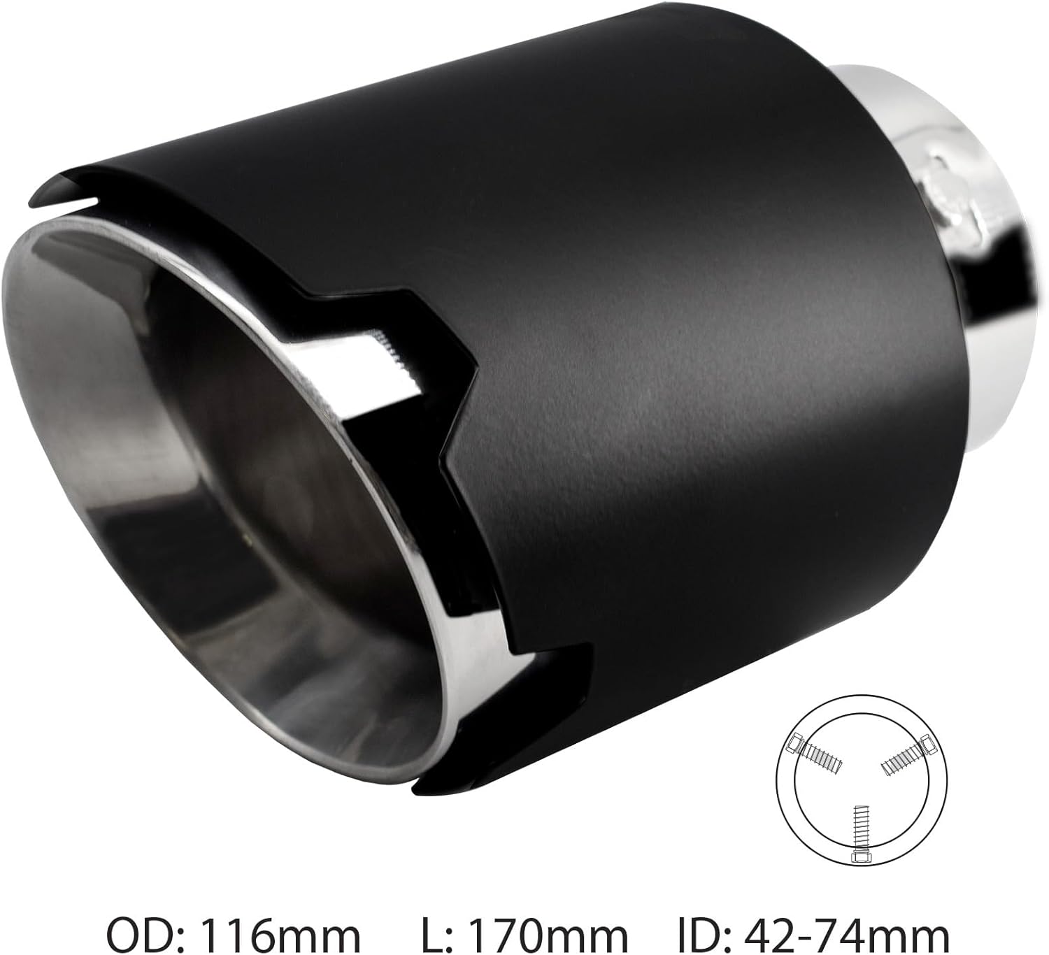 Simoni Racing Exhaust Tip Round/Slanted Matt-Black+Inox - Ø116xL170mm - Installation 42-74mm