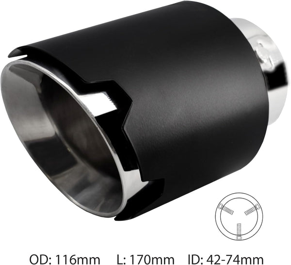 Simoni Racing Exhaust Tip Round/Slanted Matt-Black+Inox - Ø116xL170mm - Installation 42-74mm