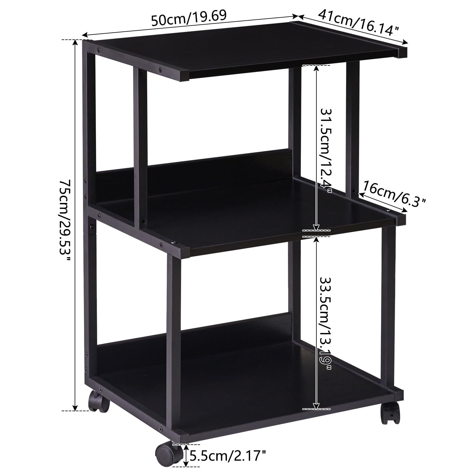 IBUYKE Black Printer Stand with Storage Shelf,3 Tier Printer Table with Wheels,Printer Cart for Home Office Organization, Rolling Cart Stand for Heat