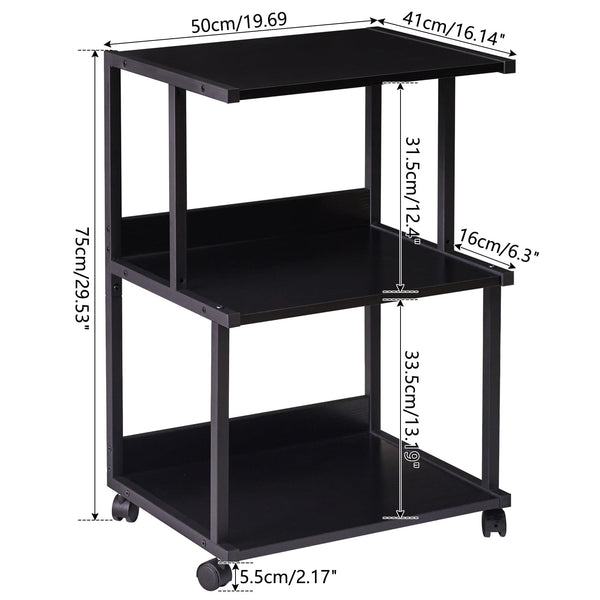 IBUYKE Black Printer Stand with Storage Shelf,3 Tier Printer Table with Wheels,Printer Cart for Home Office Organization, Rolling Cart Stand for Heat