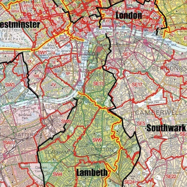Greater London Authority Boroughs with Postcode Districts Wall Map - 47" x 33.25" Laminated