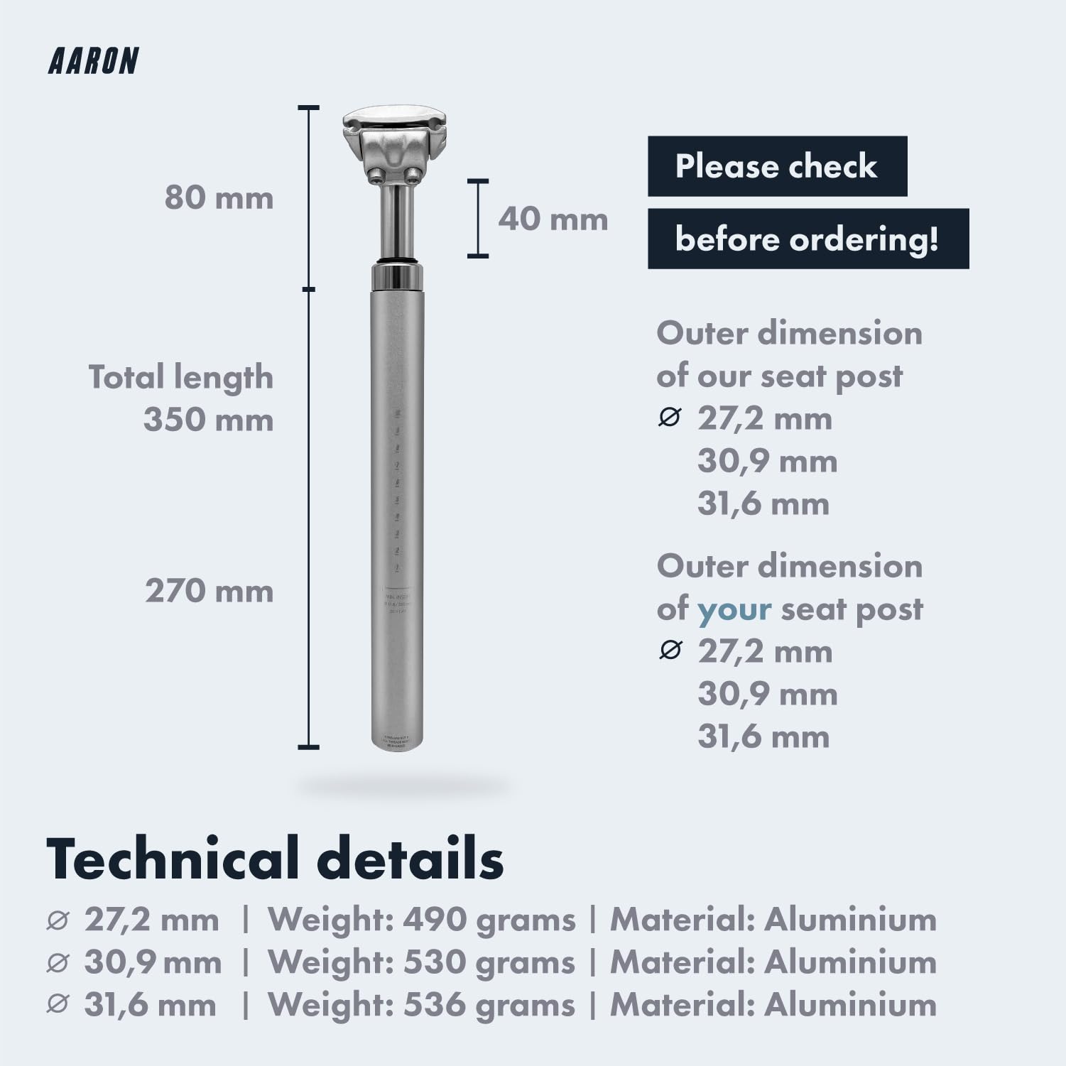 AARON - Spring suspension seatpost - Aluminum - For E-bikes, MTB, Trekking Bikes, City Bikes - 31,6 mm Diameter, 13.8" (350mm) Length - silver
