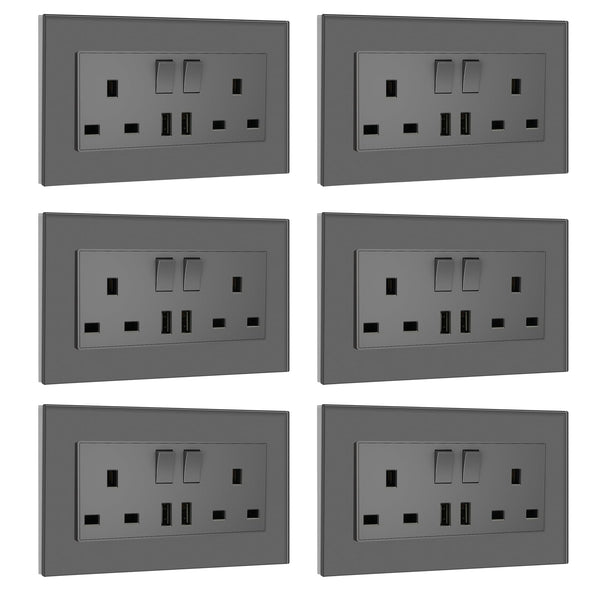 BSEED Double Socket 13A with LED Indicator, Double Switched Wall Socket 2 Gang UK Standard, Electric Switched Plug Power Wall Outlet with Glass Panel, Grey