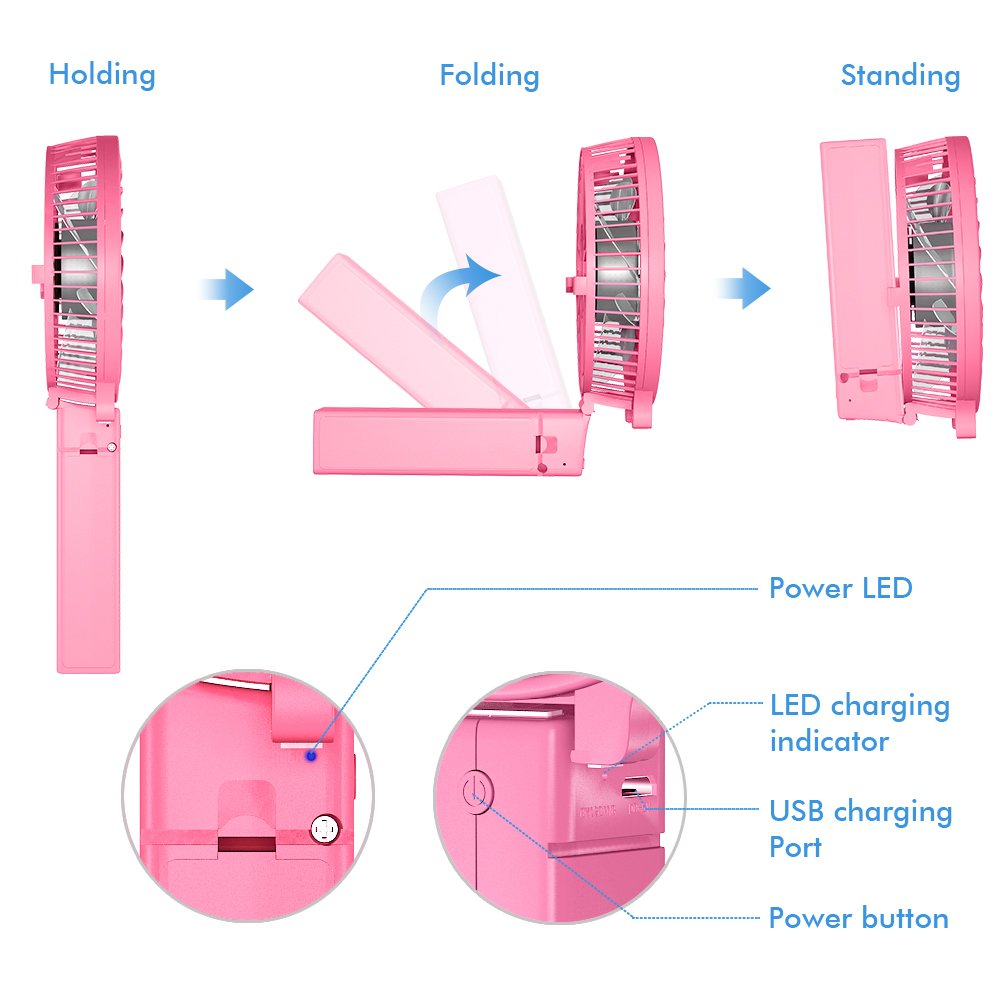 VersionTech Hand Held Fan,Portable Handheld USB Rechargeable Fans with 3 Speeds,Battery Operated Electric Powered Mini Foldable Desk Desktop Fans for Home Office Ceiling Travel Black
