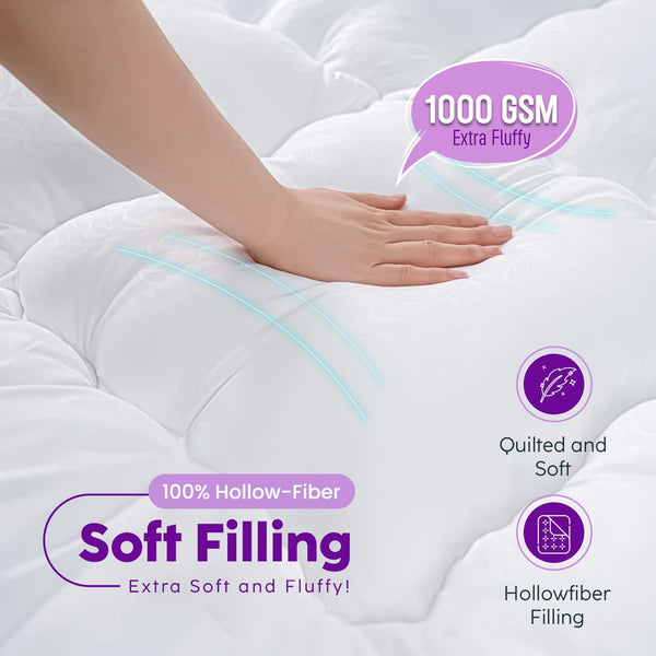 Mattress Topper Double Bed - 10CM Extra Thick Double Mattress Topper - 1000GSM Filling Fiber - Luxurious Comfort, Hypoallergenic, Elastic Straps Deep Pocket Thick