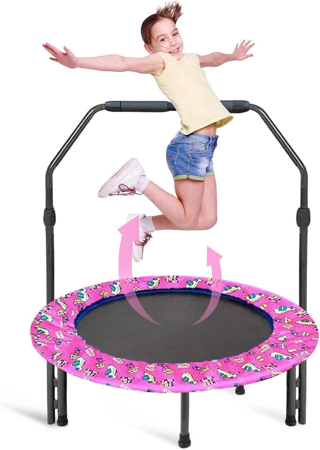 36'' Kids Trampoline Body Coordination with Adjustable Handle Back Panel Foldable Mini and Safety Padded Cover Trampoline Indoor and Outdoor Exercise