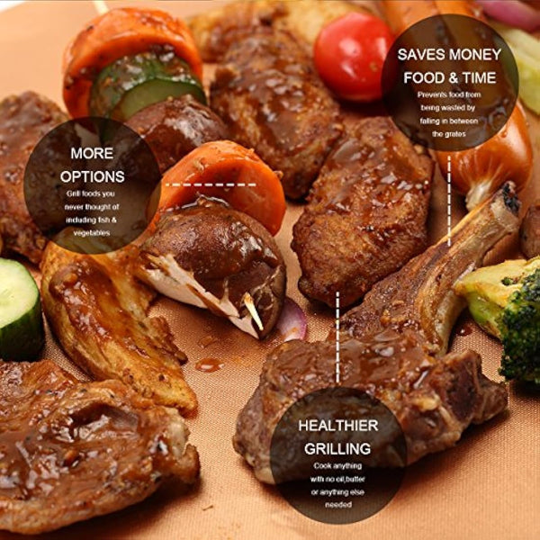 Grill Mat Set of 6 - BBQ Grill Mats Nonstick Reusable - Heavy Duty 1.5 oz/Sheet Baking Mats, Works on Electric Grill, Gas, Charcoal, Oven - 15.75 x 13 Inch, Copper