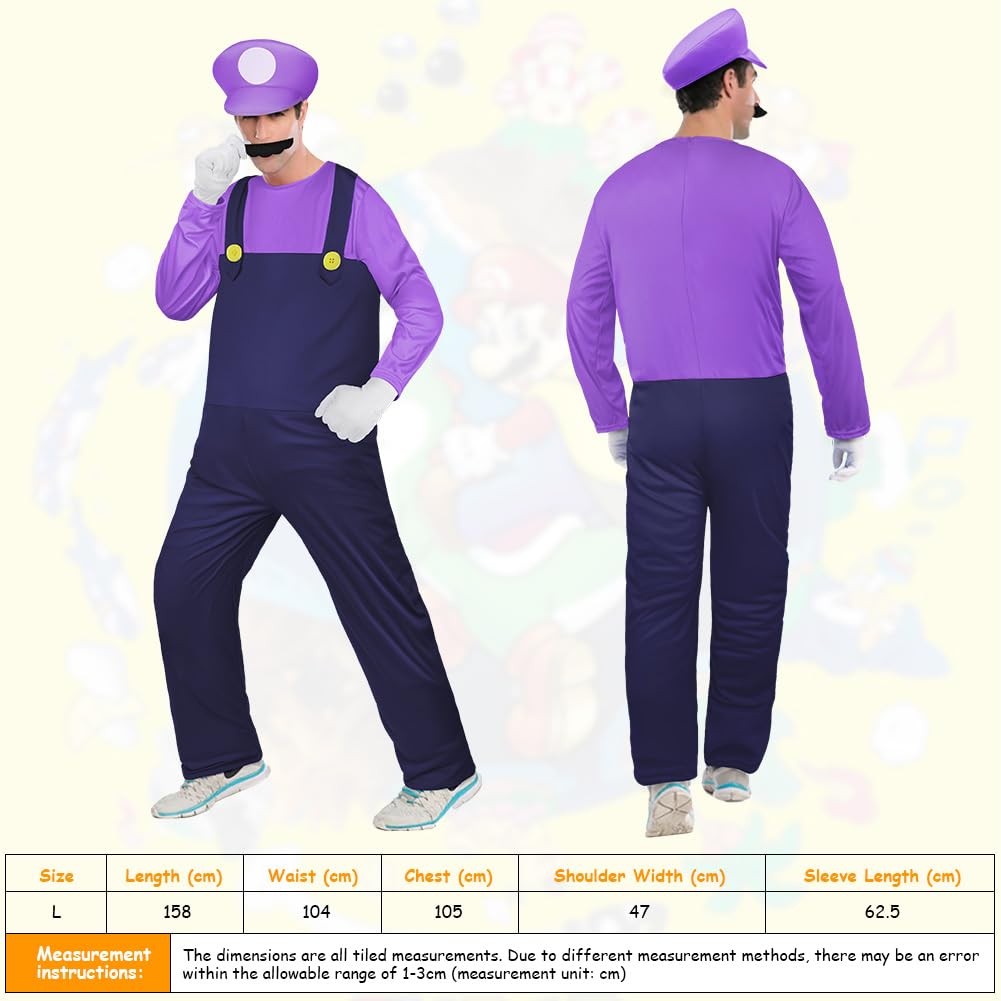 Aomig Mario Costumes, 4 Pack Mario Cosplay Costume Accessories Kits with Bodysuit, Luigi Hats Cap, Mustaches, White Gloves, Mario Luigi Bros Fancy Dress Outfit Costume for Women Men