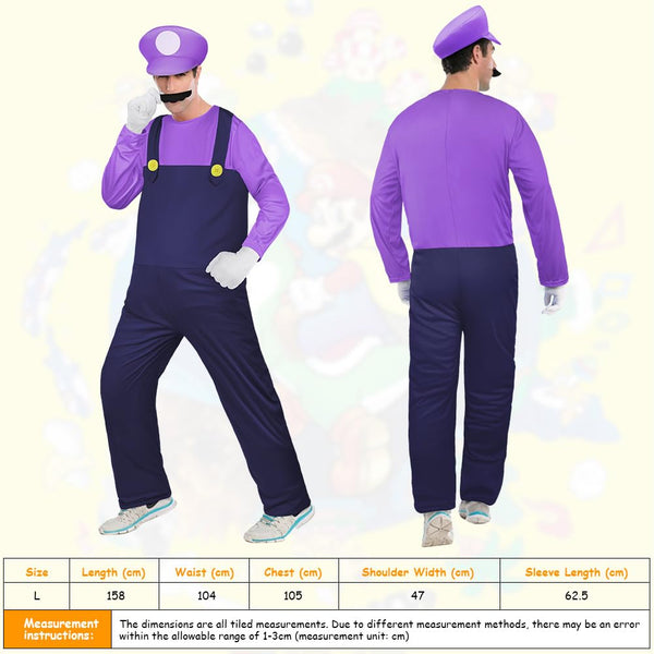 Aomig Mario Costumes, 4 Pack Mario Cosplay Costume Accessories Kits with Bodysuit, Luigi Hats Cap, Mustaches, White Gloves, Mario Luigi Bros Fancy Dress Outfit Costume for Women Men