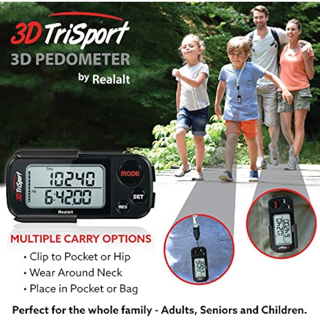 3DTriSport Walking 3D Pedometer with Clip & Strap, eBook Included | 30 Days Memory, Accurate Step Counter, Walking Distance Miles/Km, Calorie Counter, Daily Exercise Time Monitor